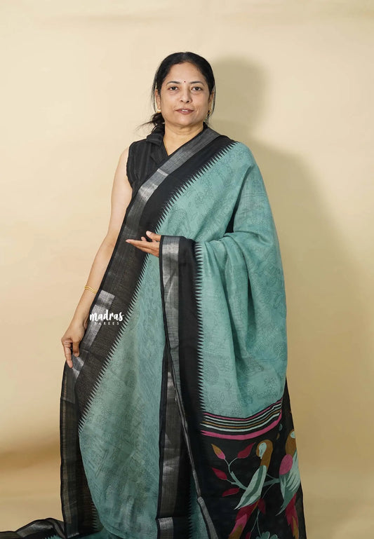 Muted sea Green - Jasmine -  Fancy Jute with Kalamkari Pen Drawing Prints