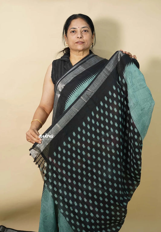Muted sea Green - Jasmine -  Fancy Jute with Kalamkari Pen Drawing Prints