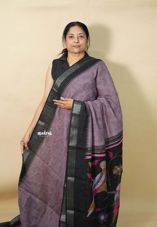 Muted Purple - Jasmine -  Fancy Jute with Kalamkari Pen Drawing Prints