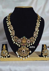 Premium 1 Gram Gold polish AD Stone Trendy Lakshmi Pendant Bridal long Necklace with Earrings