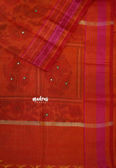Dark Orange - Jute Banarasi saree with kantha stitch weaving border