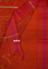Dark Orange - Jute Banarasi saree with kantha stitch weaving border