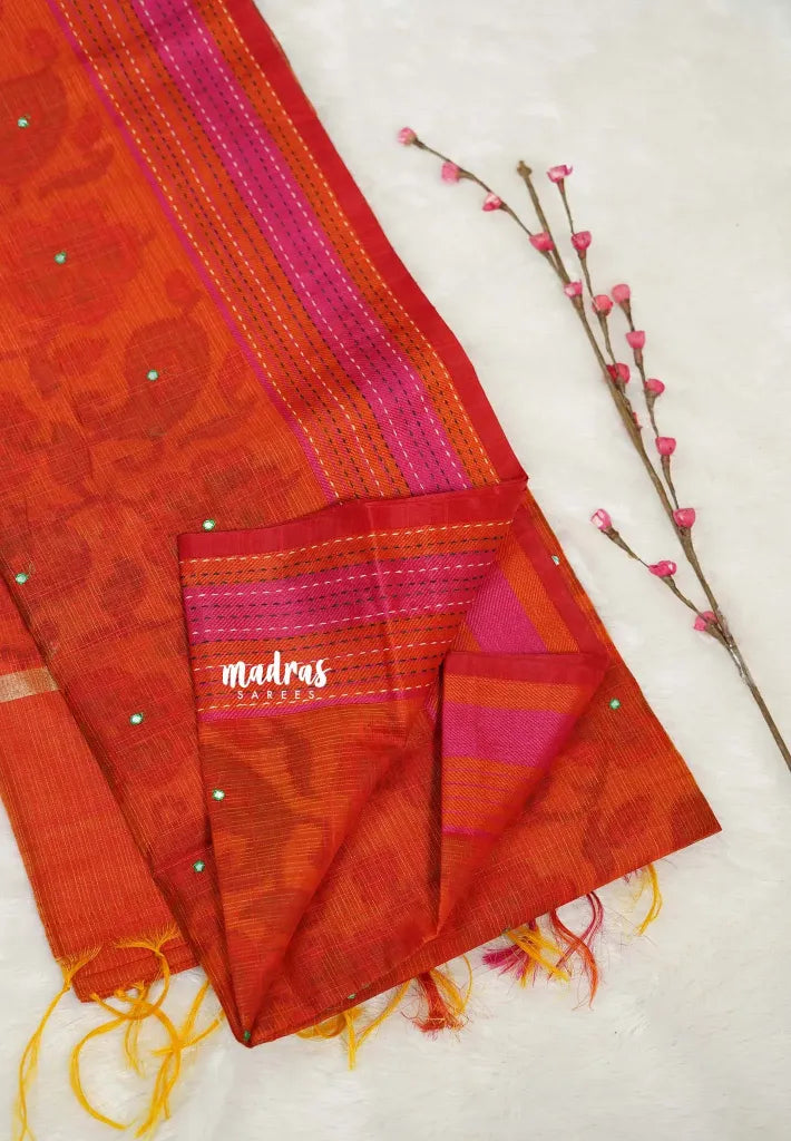 Dark Orange - Jute Banarasi saree with kantha stitch weaving border