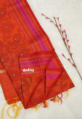 Dark Orange - Jute Banarasi saree with kantha stitch weaving border