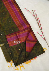 Dark Olive Green - Jute Banarasi saree with kantha stitch weaving border