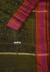 Dark Olive Green - Jute Banarasi saree with kantha stitch weaving border