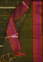 Dark Olive Green - Jute Banarasi saree with kantha stitch weaving border