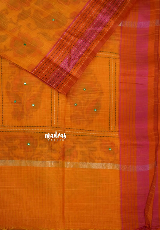 Mustard Yellow - Jute Banarasi saree with kantha stitch weaving border
