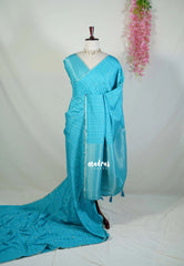Teal Blue - Jute Tussar Silk Saree with Stripes Texture and Tissue Blouse - Best for Office Wear | Casual Wear