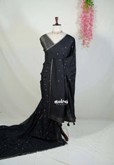 Jet Black - Jute Tussar Silk Saree with Stripes Texture and Tissue Blouse - Best for Small Functions