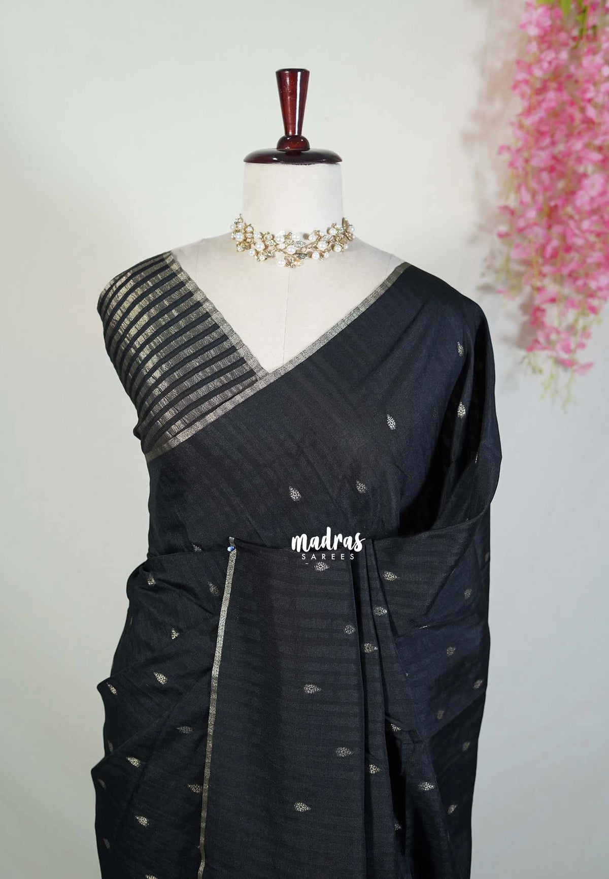 Jet Black - Jute Tussar Silk Saree with Stripes Texture and Tissue Blouse - Best for Small Functions