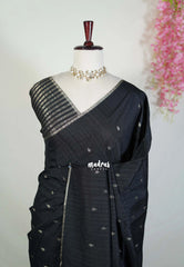 Jet Black - Jute Tussar Silk Saree with Stripes Texture and Tissue Blouse - Best for Small Functions