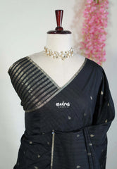 Jet Black - Jute Tussar Silk Saree with Stripes Texture and Tissue Blouse - Best for Small Functions