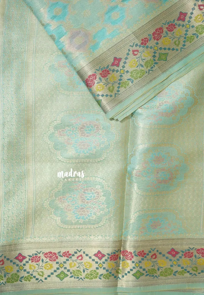 Turquoise Blue - Jute Banarasi full weaving saree with Jaquard blouse