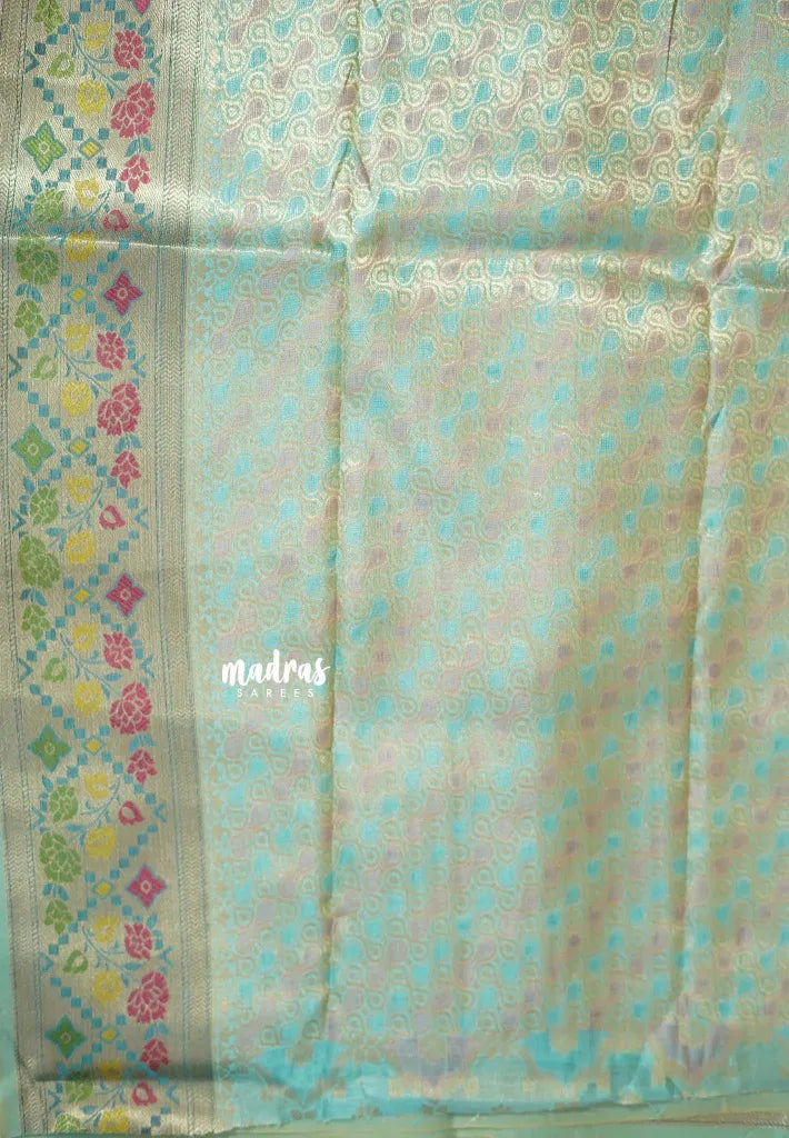 Turquoise Blue - Jute Banarasi full weaving saree with Jaquard blouse
