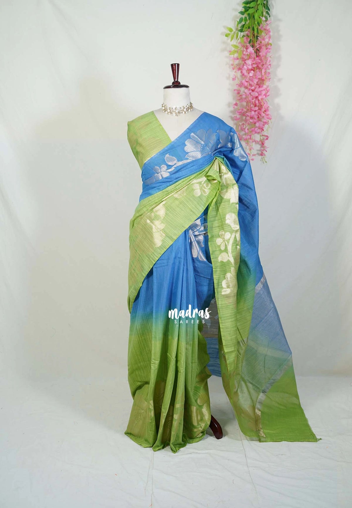 Lime Green & Royal Blue - Premium Jute Silk with Gradient Tone And Floral Jamdani Weaving - Perfect for Night Functions | Tea party