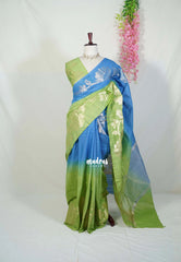 Lime Green & Royal Blue - Premium Jute Silk with Gradient Tone And Floral Jamdani Weaving - Perfect for Night Functions | Tea party