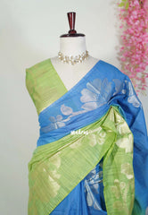 Lime Green & Royal Blue - Premium Jute Silk with Gradient Tone And Floral Jamdani Weaving - Perfect for Night Functions | Tea party