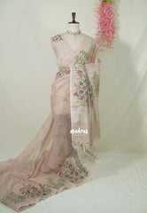 Misty Peach - Jute Silk Grooves with Hand Painted and French Knot Embroidery Work - Perfect Small Functions | High Tea party