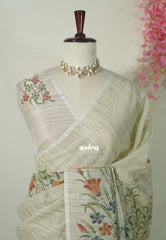 Pastel Mint Green - Jute Silk Grooves with Hand Painted and French Knot Embroidery Work - Perfect Small Functions | High Tea party