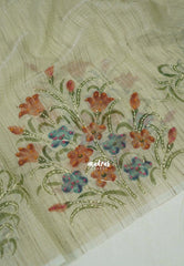 Pastel Mint Green - Jute Silk Grooves with Hand Painted and French Knot Embroidery Work - Perfect Small Functions | High Tea party