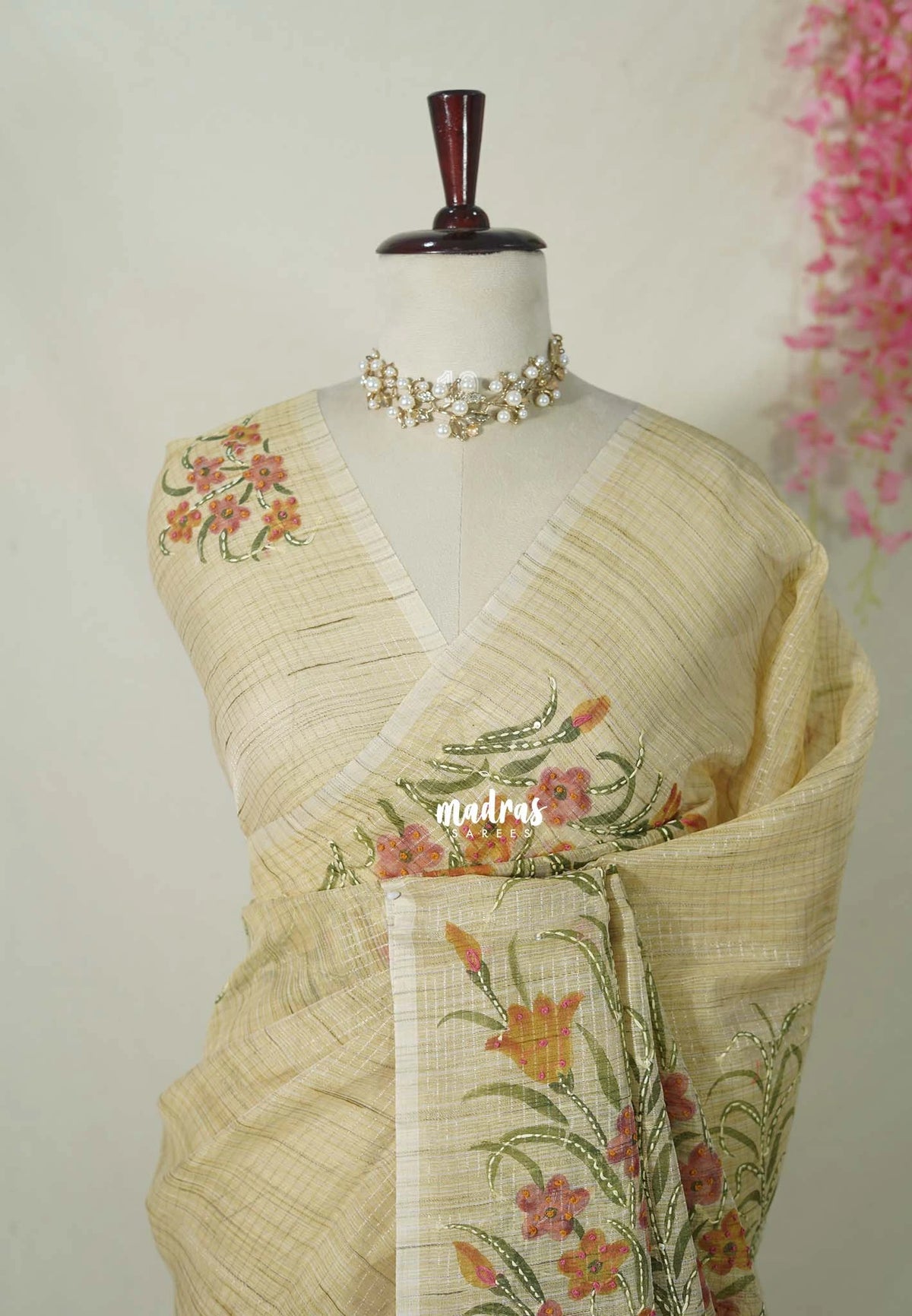 Sandal Beige - Jute Silk Grooves with Hand Painted and French Knot Embroidery Work - Perfect Small Functions | High Tea party