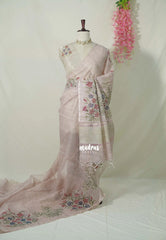 Pastel Onion Pink - Jute Silk Grooves with Hand Painted and French Knot Embroidery Work - Perfect Small Functions | High Tea party