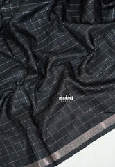 Ebony Black - Vadhanam - Jute Tussar Silk Saree with Zari Checks and Border - Best for Office Wear | Casual Wear