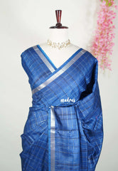 Dark Peacock Blue - Vadhanam - Jute Tussar Silk Saree with Zari Checks and Border - Best for Office Wear | Casual Wear