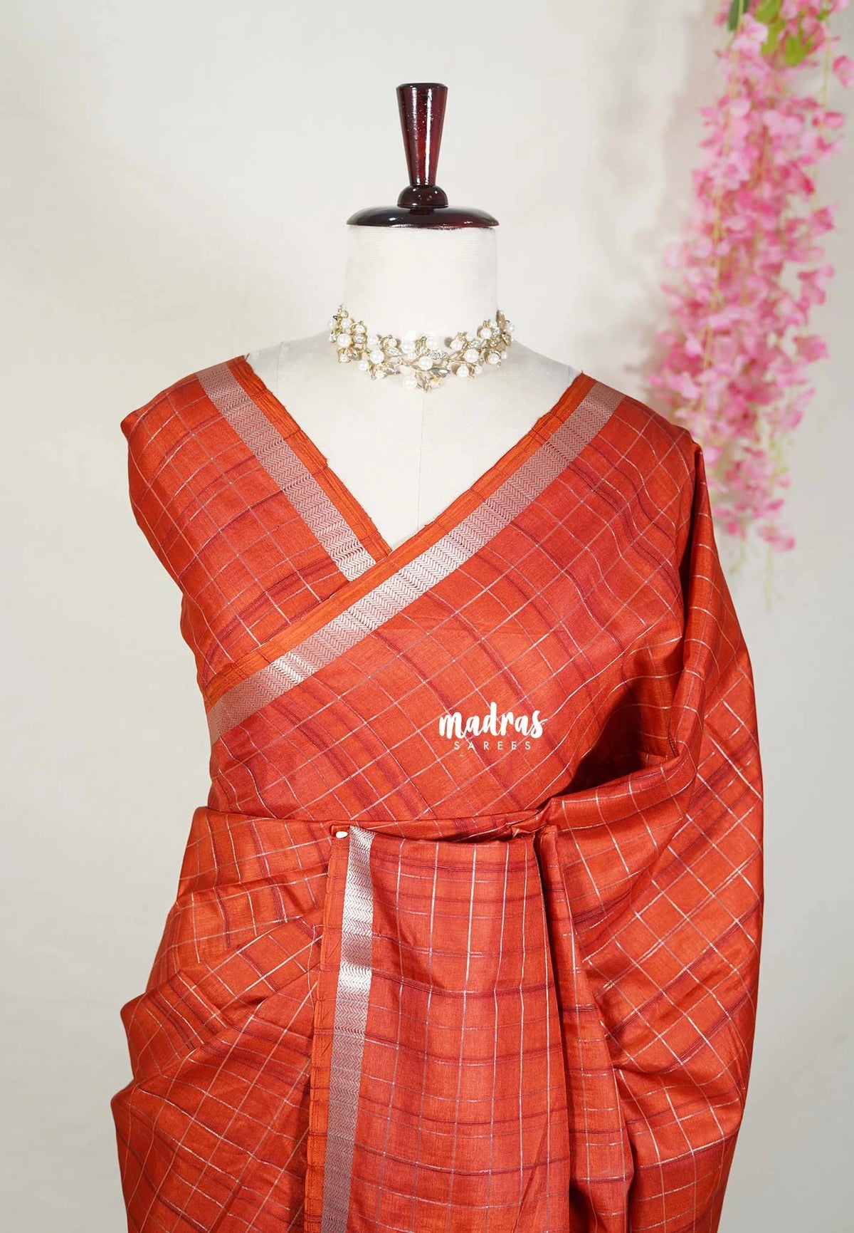 Brick Orange - Vadhanam - Jute Tussar Silk Saree with Zari Checks and Border - Best for Office Wear | Casual Wear