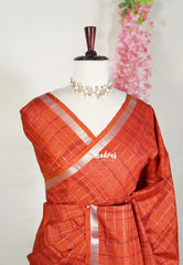 Brick Orange - Vadhanam - Jute Tussar Silk Saree with Zari Checks and Border - Best for Office Wear | Casual Wear