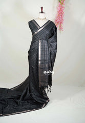 Ebony Black - Vadhanam - Jute Tussar Silk Saree with Zari Checks and Border - Best for Office Wear | Casual Wear