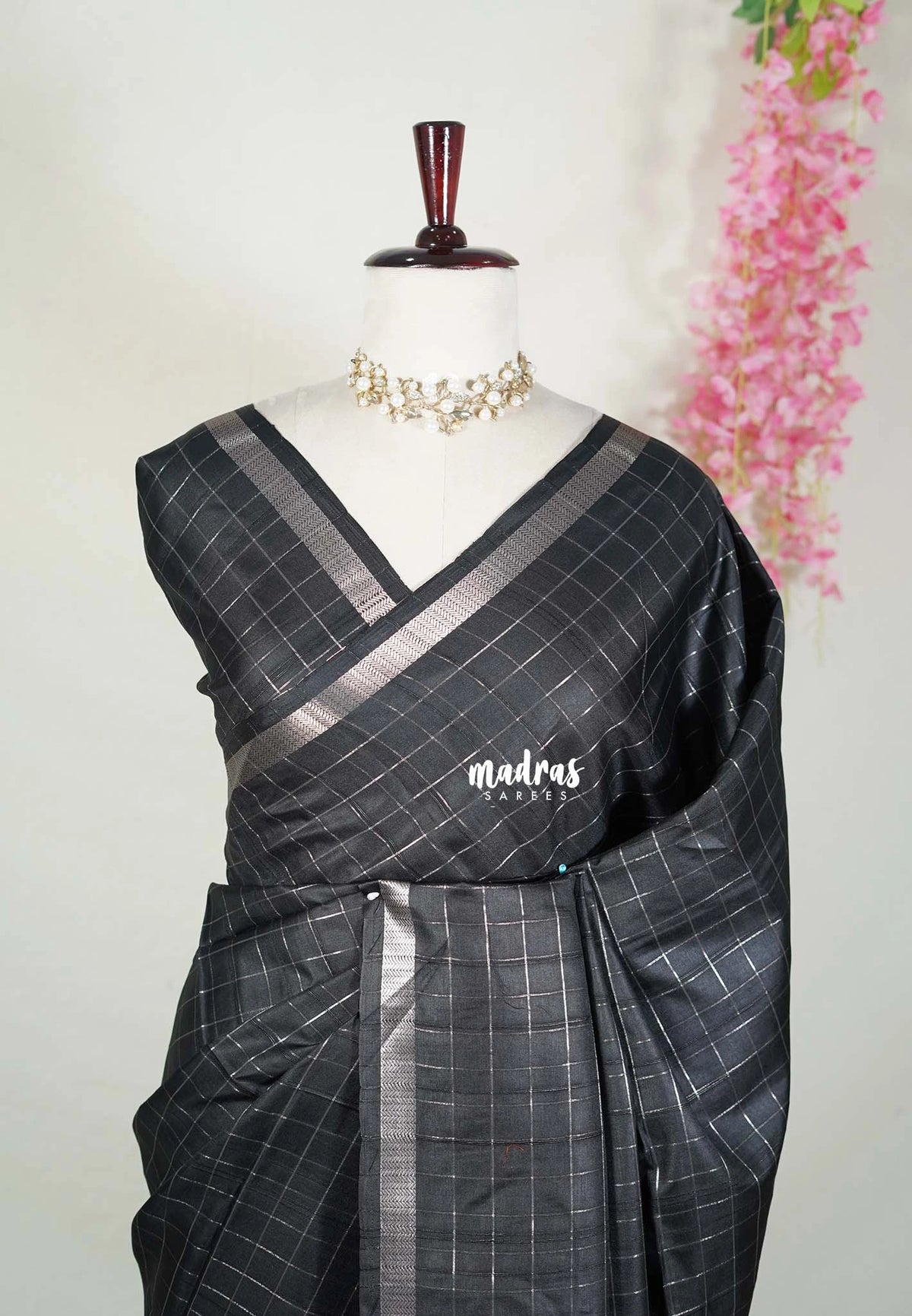 Ebony Black - Vadhanam - Jute Tussar Silk Saree with Zari Checks and Border - Best for Office Wear | Casual Wear