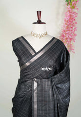Ebony Black - Vadhanam - Jute Tussar Silk Saree with Zari Checks and Border - Best for Office Wear | Casual Wear