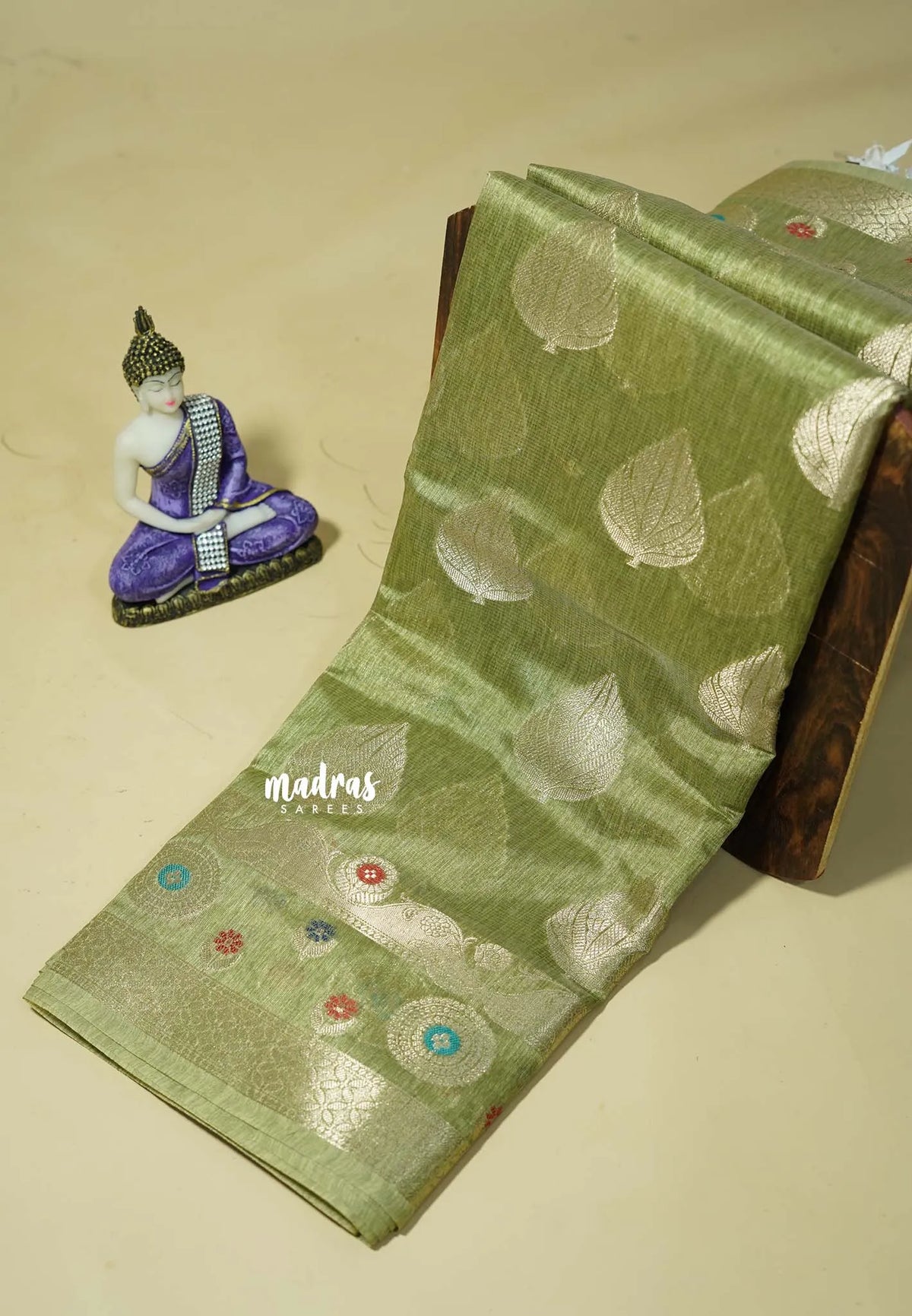 Mild Olive Green - Jute Tussar Silk saree with Leaf Buttas and Floral Border