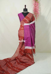 Brick Red - Jute Tussar Silk saree with 3D weaving body