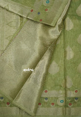 Mild Olive Green - Jute Tussar Silk saree with Leaf Buttas and Floral Border
