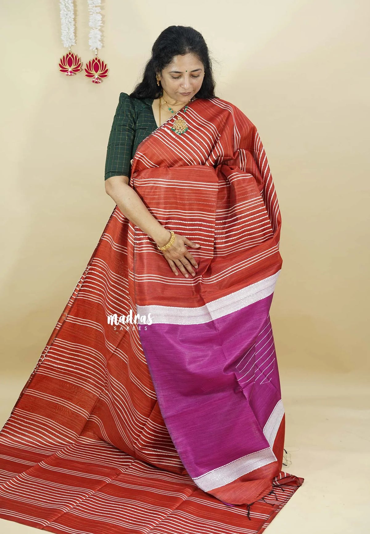Brick Red - Jute Tussar Silk saree with 3D weaving body