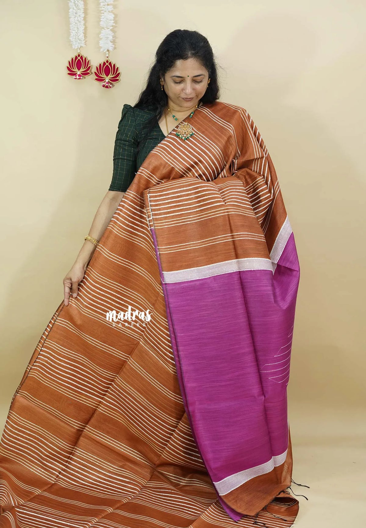Rust Brown - Jute Tussar Silk saree with 3D weaving body