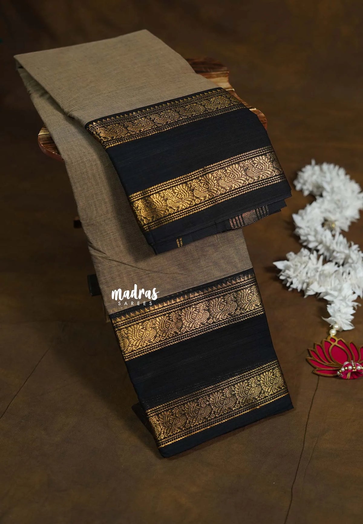Earthy Taupe - Karthigai silk cotton Rettapet peacock border - Perfect for Festive Wear