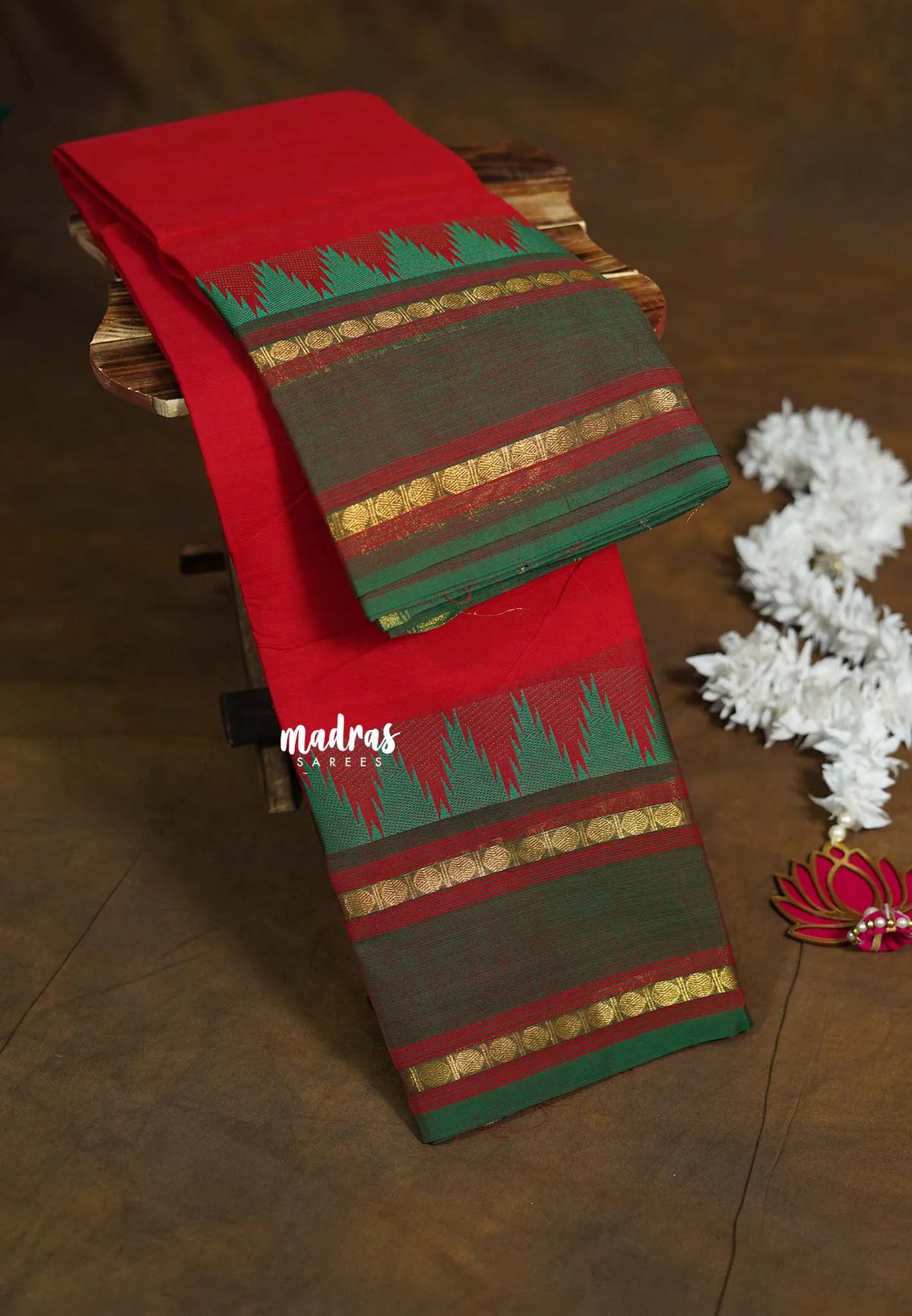 Spicy Red - Karthigai silk cotton rettapeta rudraksham with temple border - Best for Temple Visit