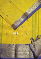 Greenish Yellow - Karthigai silk cotton Rudraksham neli big Border with Buttas - Best for Wedding Functions