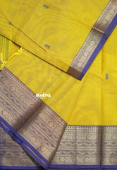 Greenish Yellow - Karthigai silk cotton Rudraksham neli big Border with Buttas - Best for Wedding Functions