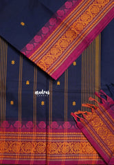 Midnight Blue - Karthigai silk cotton thread weaving floral border - Best for Festive Wear