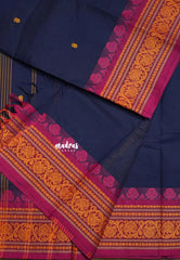 Midnight Blue - Karthigai silk cotton thread weaving floral border - Best for Festive Wear