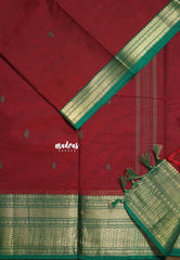 Reddish Maroon - Karthigai silk cotton Plain Getti zari with Stripes border - Best for Small Functions