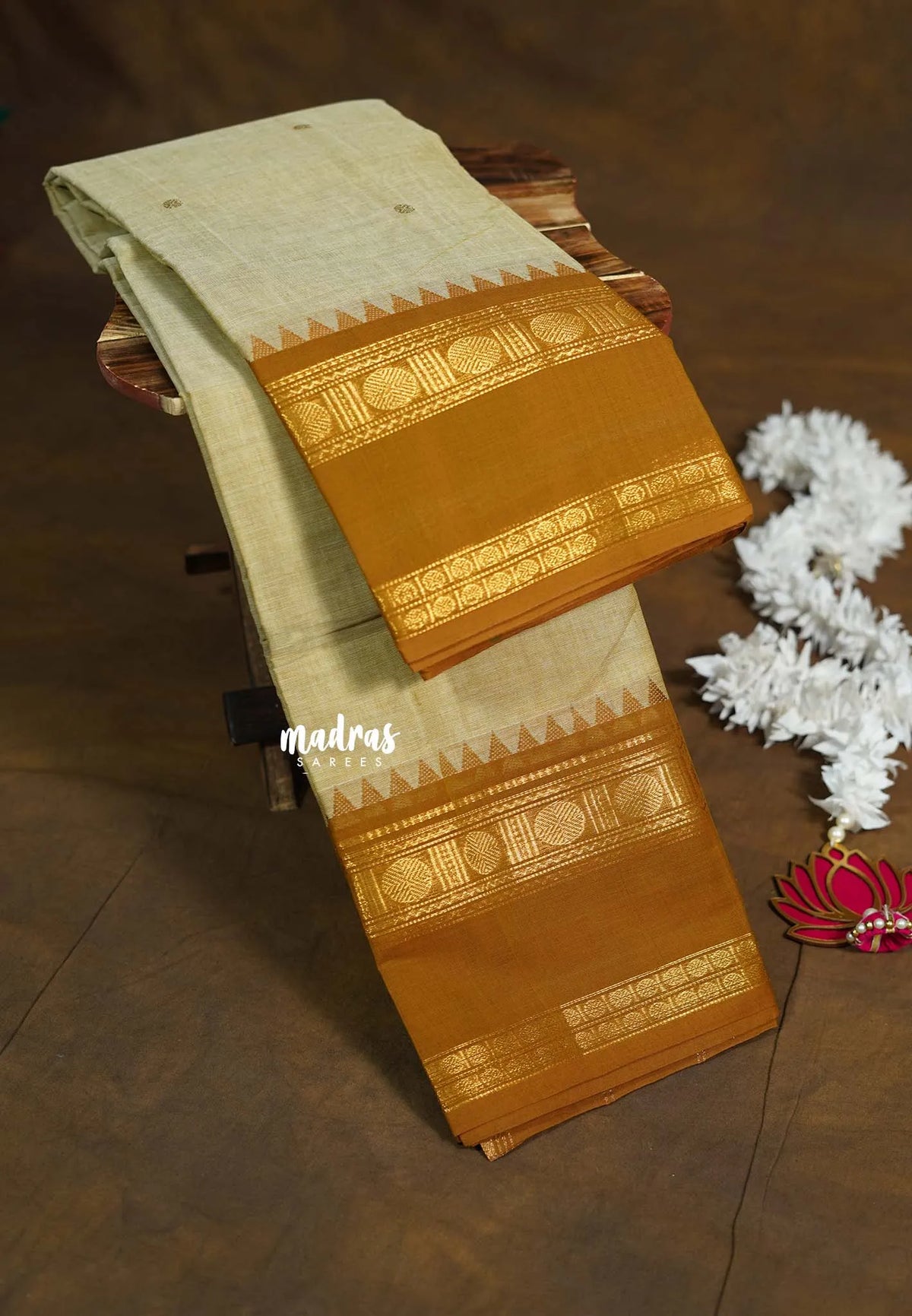 Sandal Beige - Karthigai Silk Cotton Rettapet rudraksham border with Buttas - Best for Festive Wear