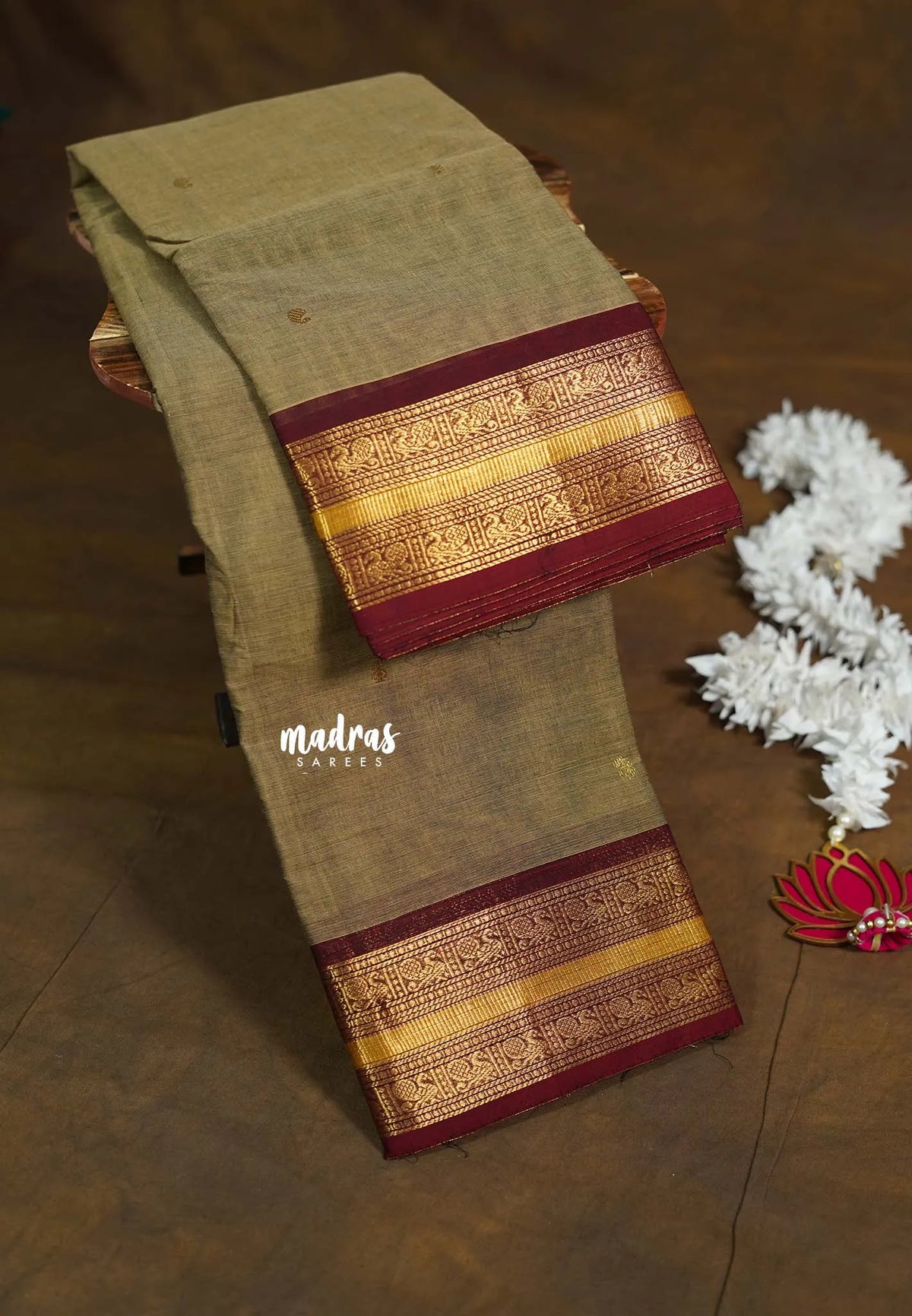 Dry Elachy Grey  - Karthigai silk cotton mayil  getti border with Buttas - Best for Festive Wear