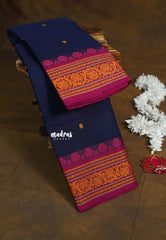 Midnight Blue - Karthigai silk cotton thread weaving floral border - Best for Festive Wear