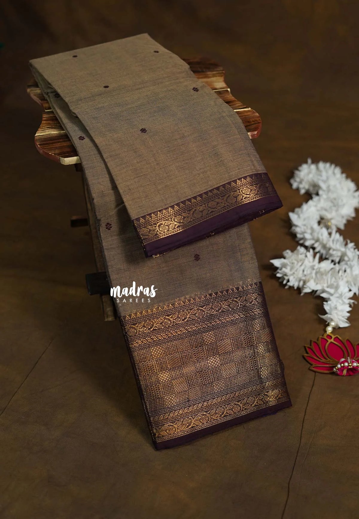 Earthy Pastel Brown  - Karthigai Mercerised cotton Multi Checks Border with buttas - Best for Festive Wear